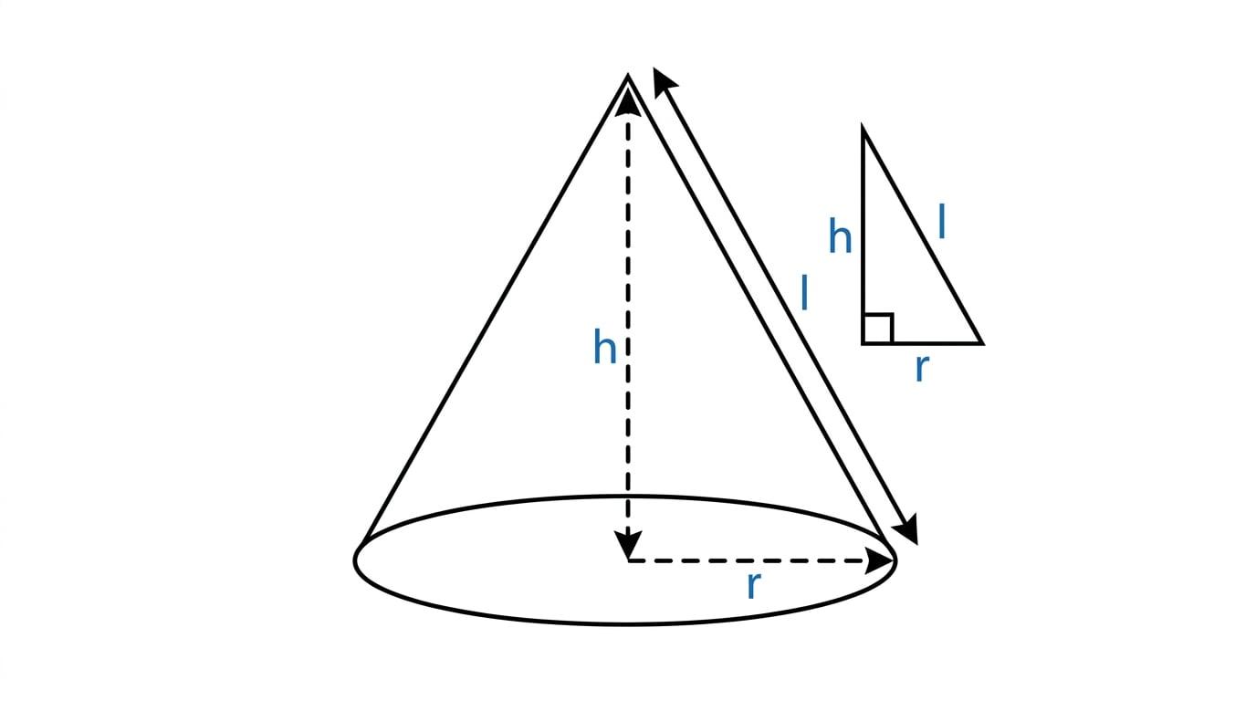 Labelled cone showing radius, vertical height, slant height, and the right triangle relationship