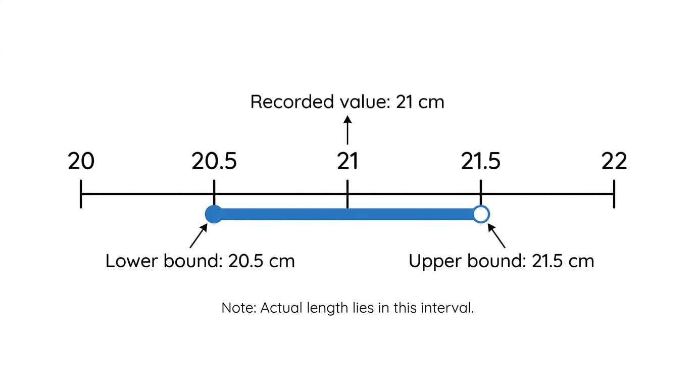 Number line showing bounds for 21 cm to the nearest cm