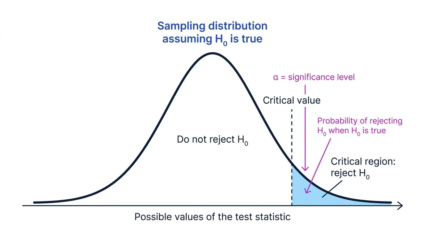 A null sampling distribution with a right-tail critical region of area alpha, separated by a critical value