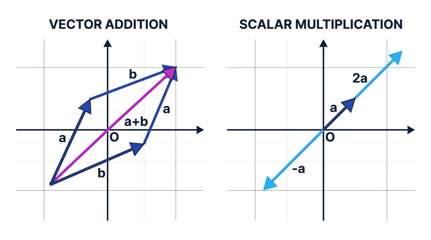 Vector addition using head-to-tail and parallelogram constructions, with scalar multiples shown geometrically