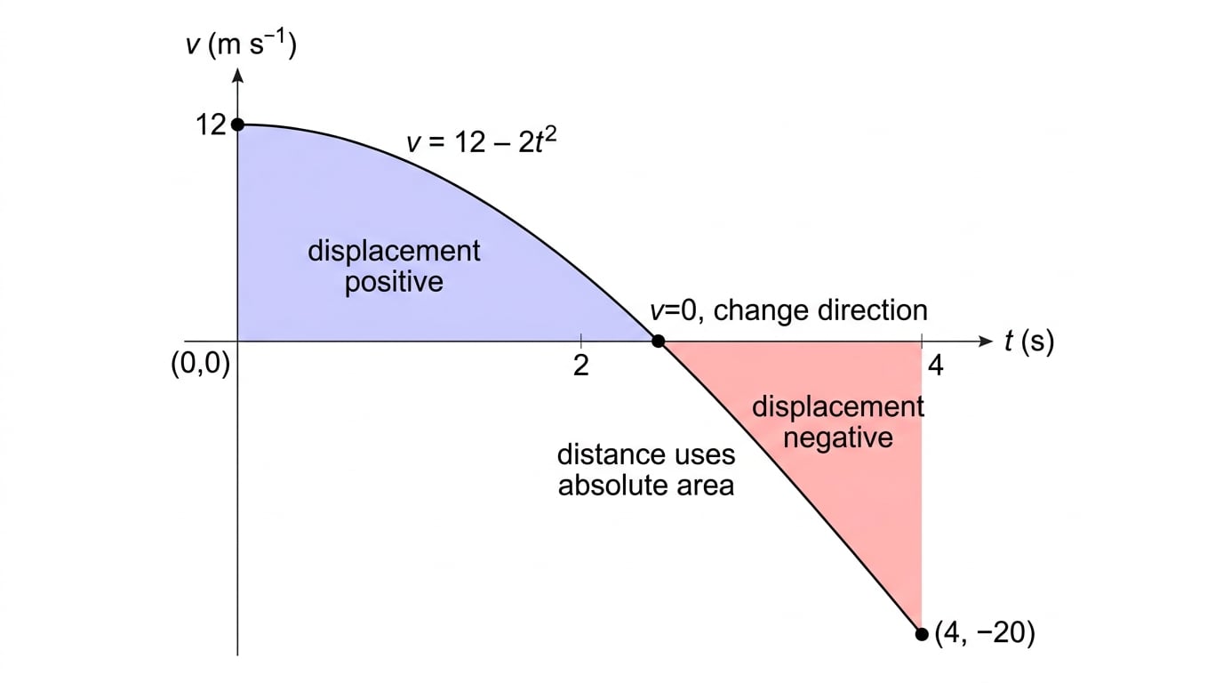 Velocity-time graph showing positive and negative areas and the change of direction where v equals zero