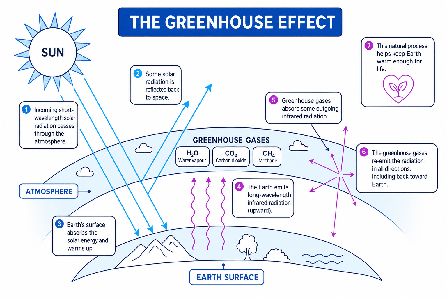 Diagram showing incoming short-wavelength solar radiation, outgoing long-wavelength infrared radiation, and greenhouse gases absorbing and re-emitting infrared radiation