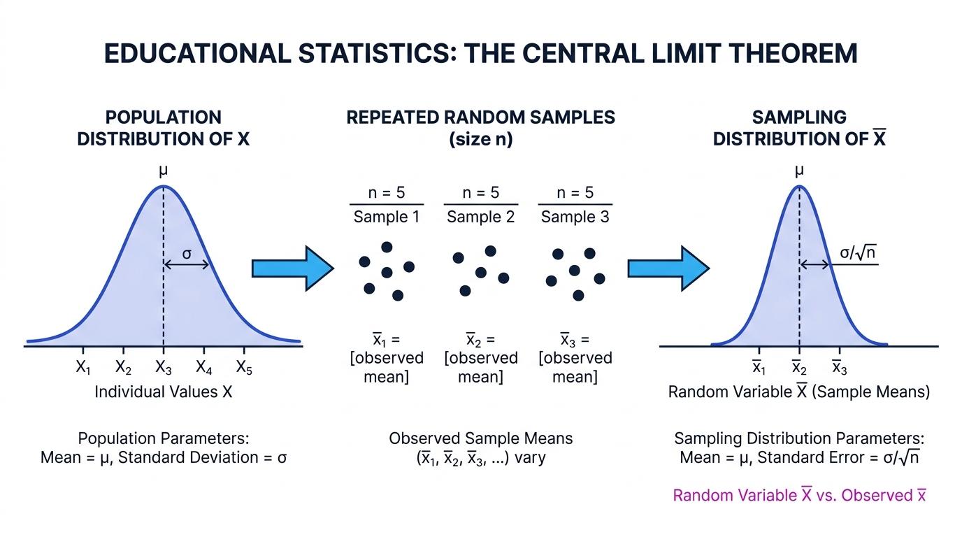 A population distribution leading to repeated random samples and then a narrower sampling distribution of the sample mean