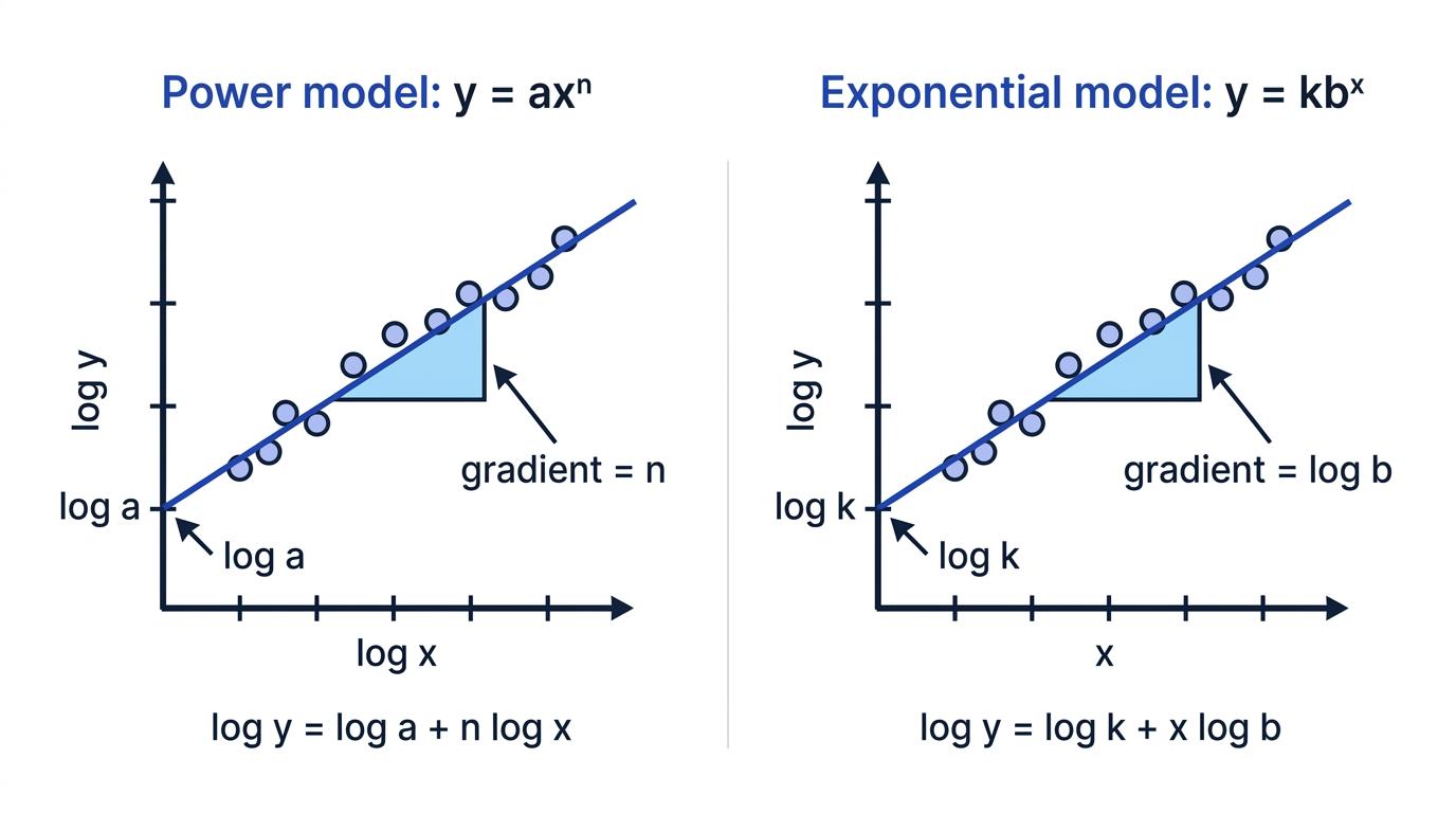 Two logarithmic straight-line graphs showing how gradients and intercepts determine the parameters of power and exponential models