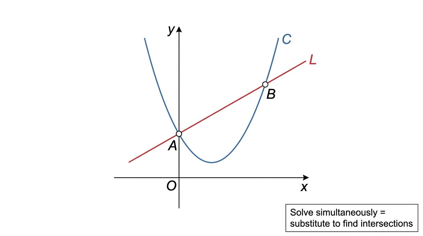 A line intersecting a parabola, showing that simultaneous equations give intersection points