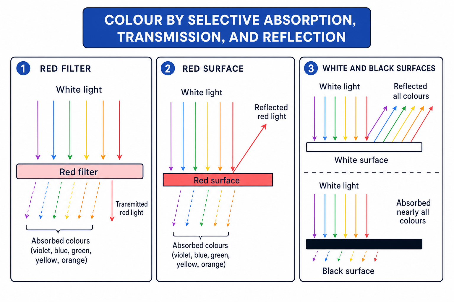 Schematic showing colour from selective absorption, transmission and reflection
