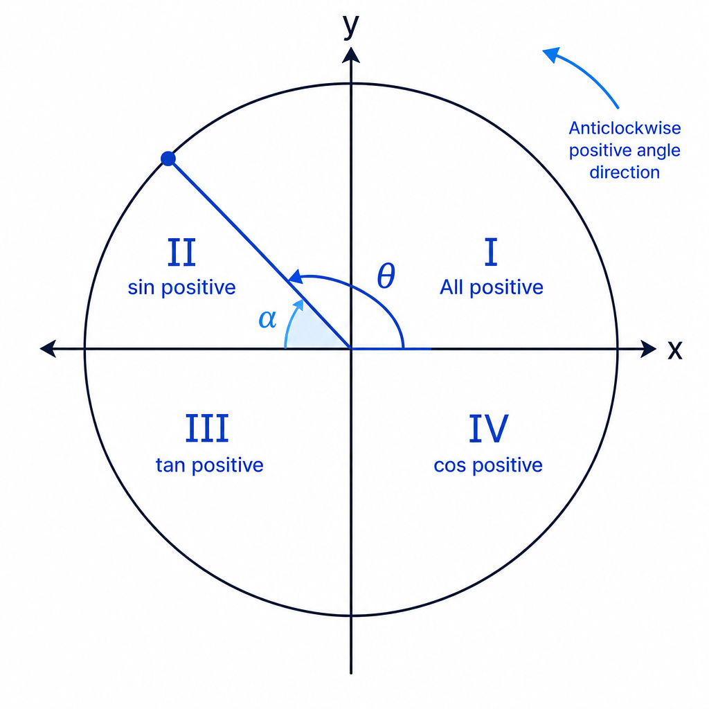 A unit-circle quadrant diagram showing the ASTC sign rule and how the reference angle is measured from the nearest horizontal axis.