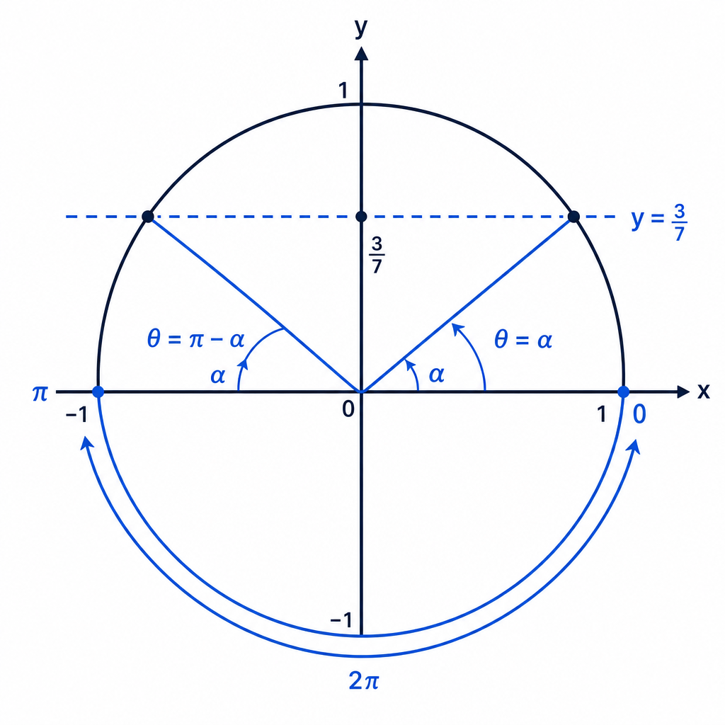 The two unit-circle positions where sine is positive for the same reference angle in the interval from 0 to 2π.