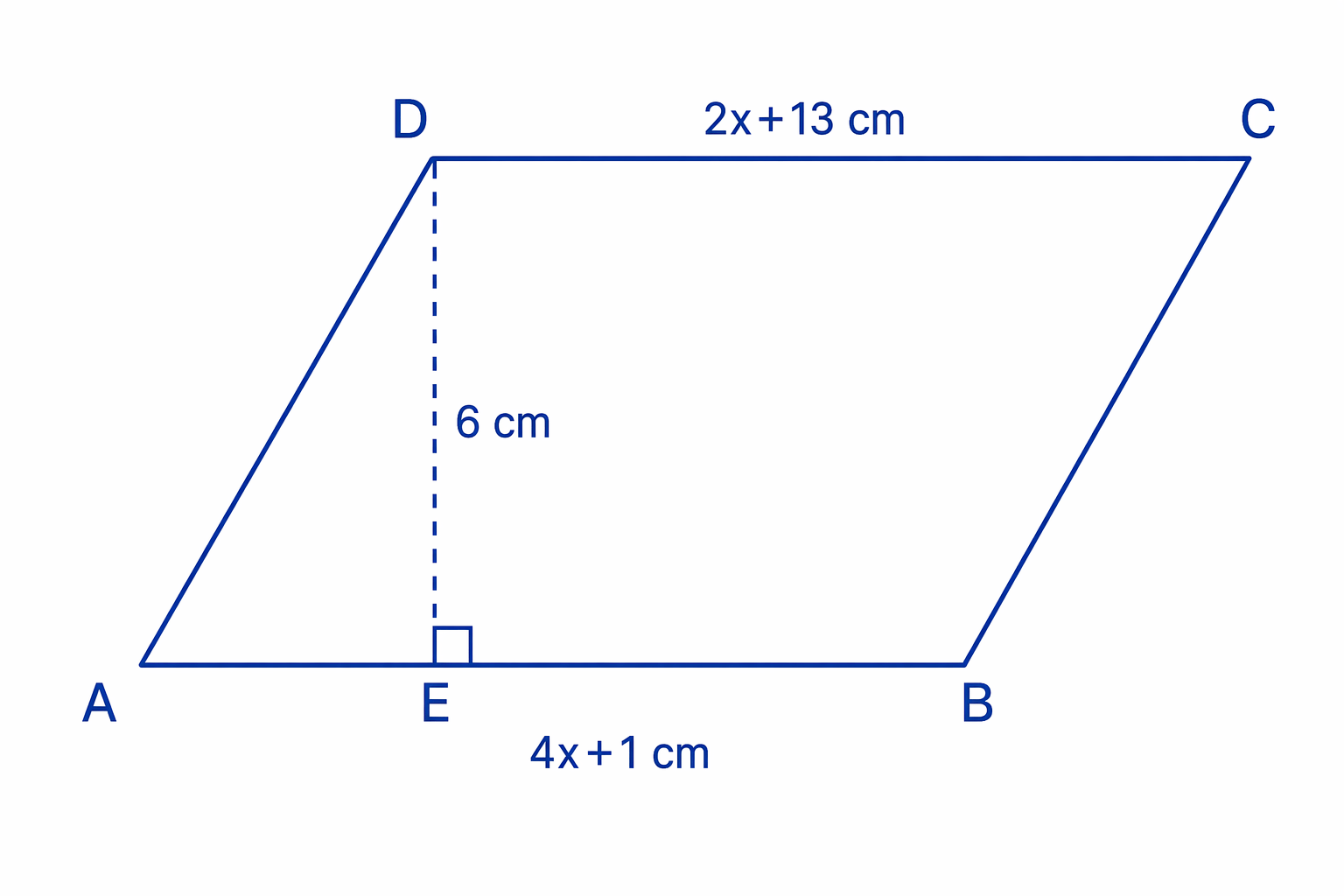 Parallelogram with equal opposite sides and a perpendicular height, showing the base needed for the area.