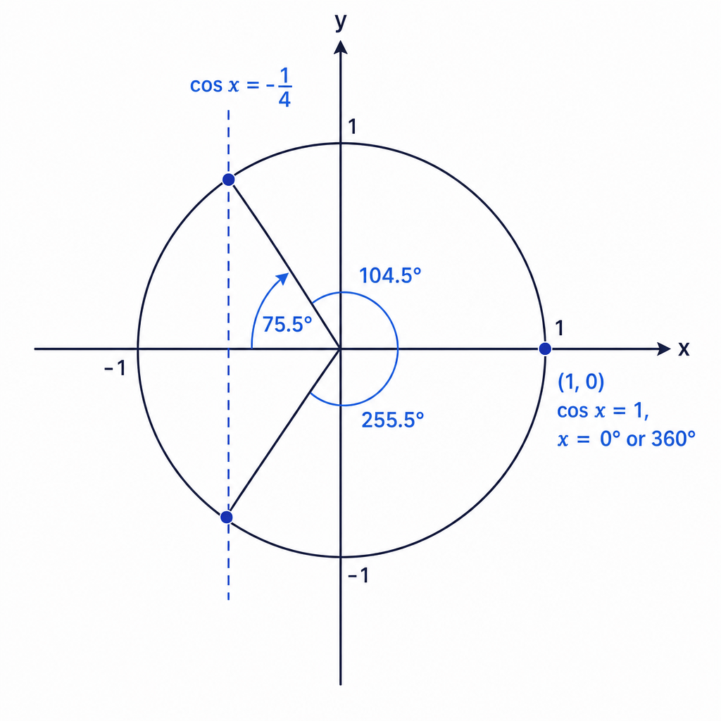 A unit-circle view shows why cos x = −1/4 gives two solutions in quadrants II and III, while cos x = 1 gives the endpoints 0° and 360°.