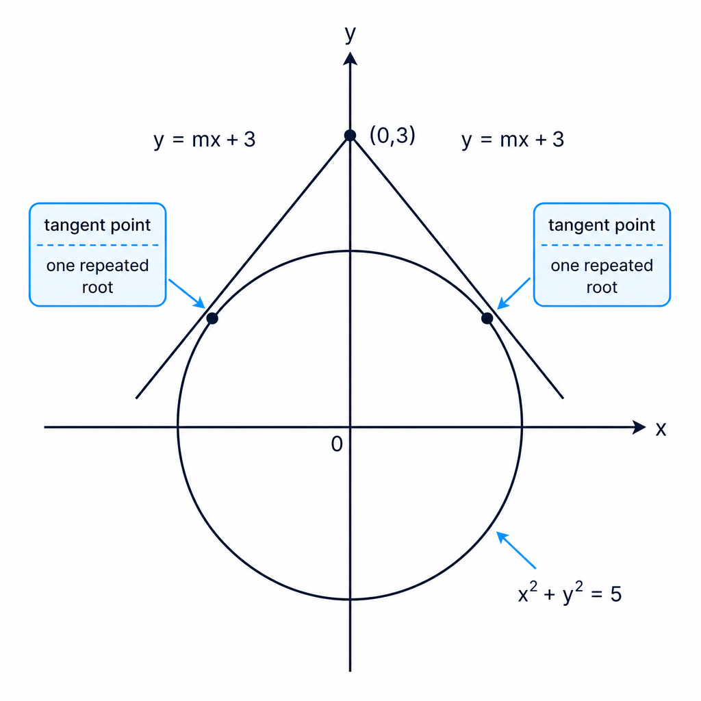 A tangent to a circle meets it at exactly one point, giving a repeated solution after substitution.