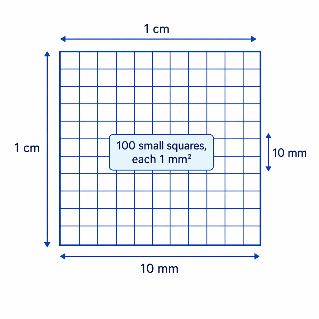 One square centimetre is the same square as a 10 mm by 10 mm grid, making 100 square millimetres.