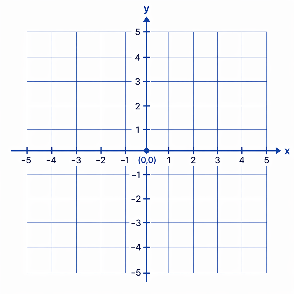 A coordinate grid showing the horizontal x-axis, vertical y-axis, and origin at (0,0).