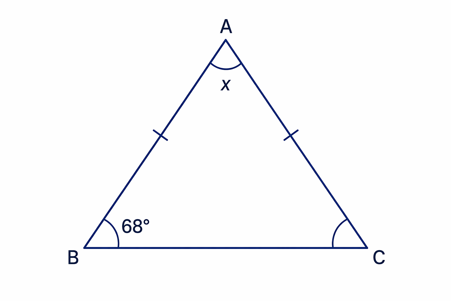 The matching tick marks show the equal sides, so the two base angles are equal in the isosceles triangle.