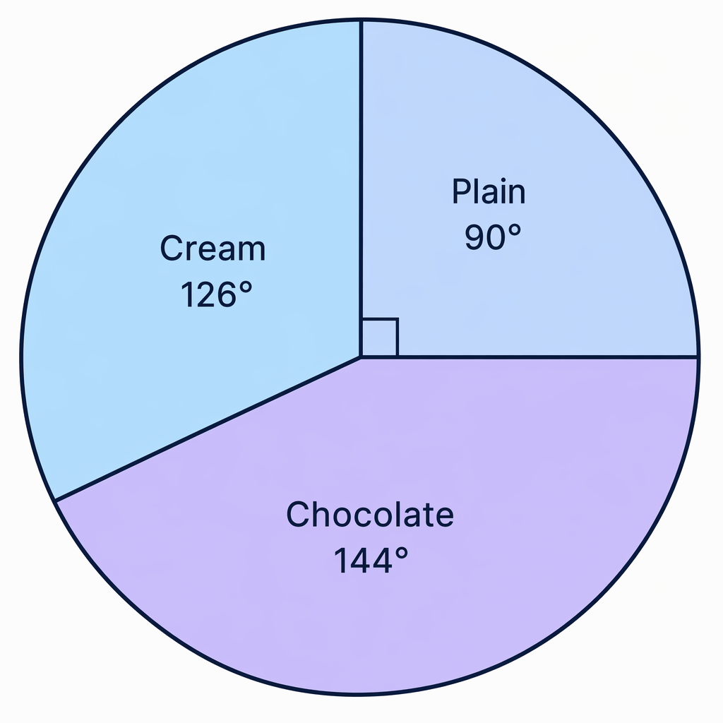 The completed biscuit pie chart has sectors of 90°, 126° and 144° for Plain, Cream and Chocolate.