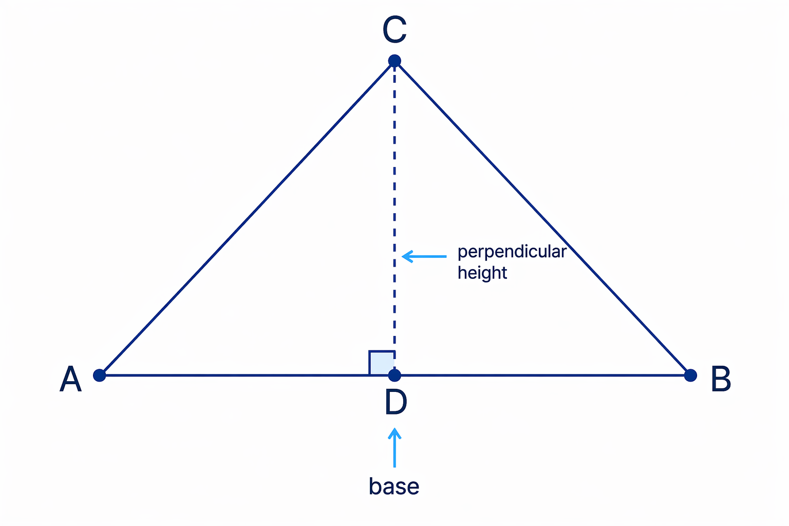 The perpendicular height drops from the opposite vertex to the chosen base at a right angle.