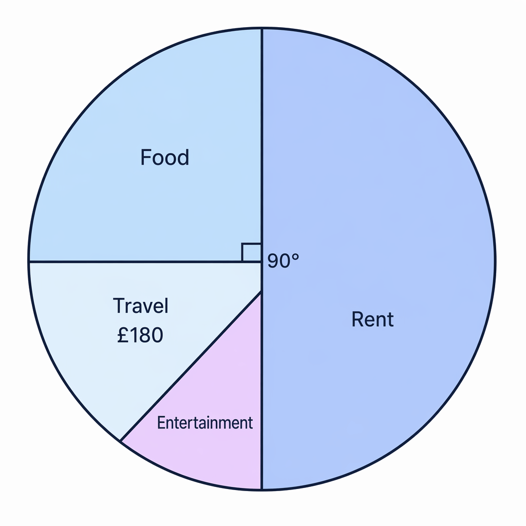 Leah’s travel sector is a 90° right angle, so it is one quarter of her spending pie chart.