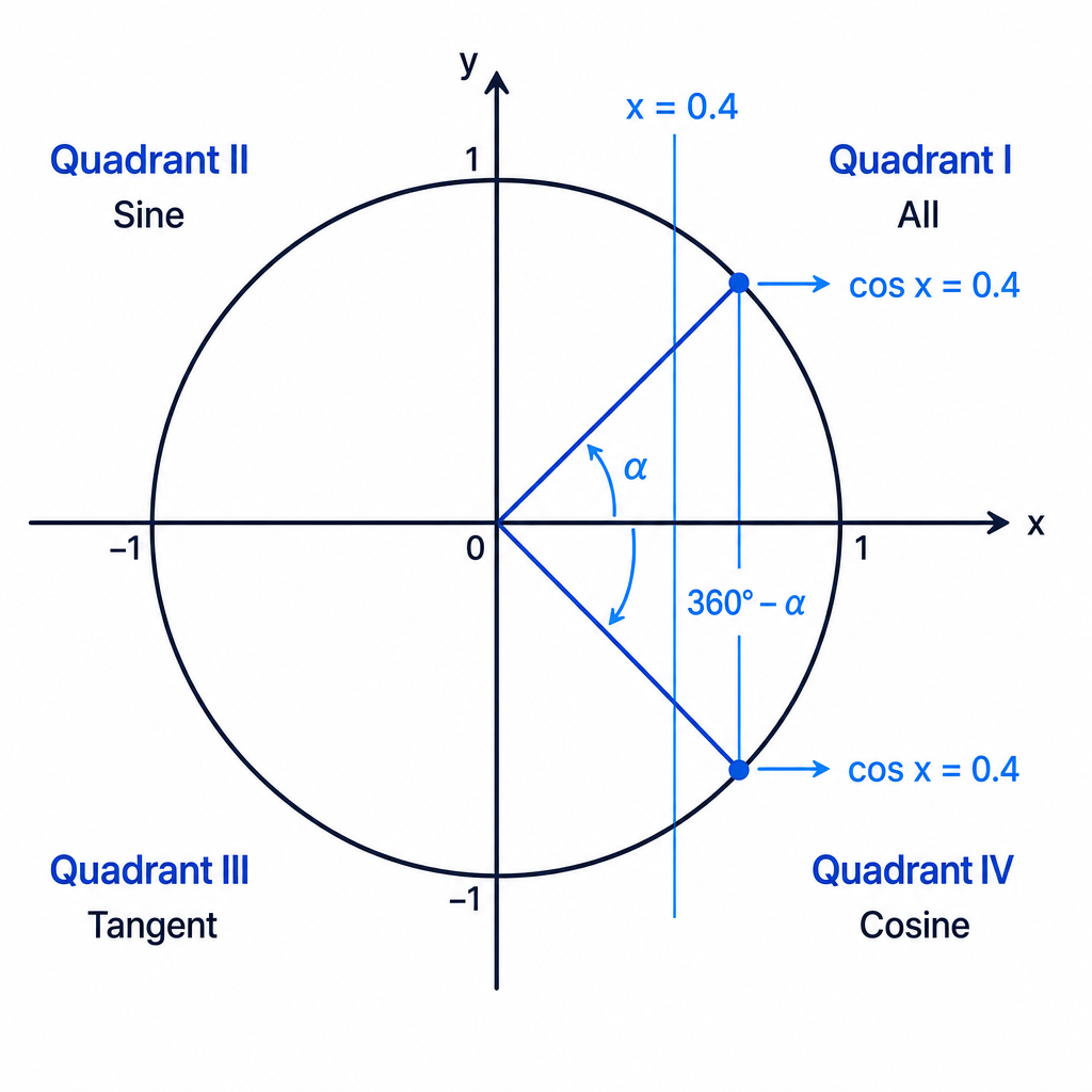 A unit circle diagram showing where cosine is positive and why \cos x=0.4 gives two angles in one full turn.