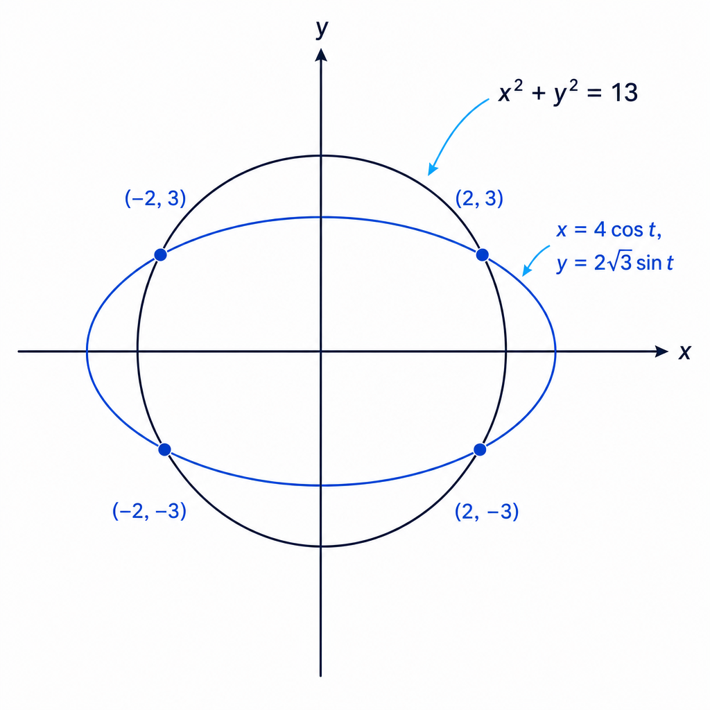 The ellipse and circle intersect at four symmetric points: (±2,±3).