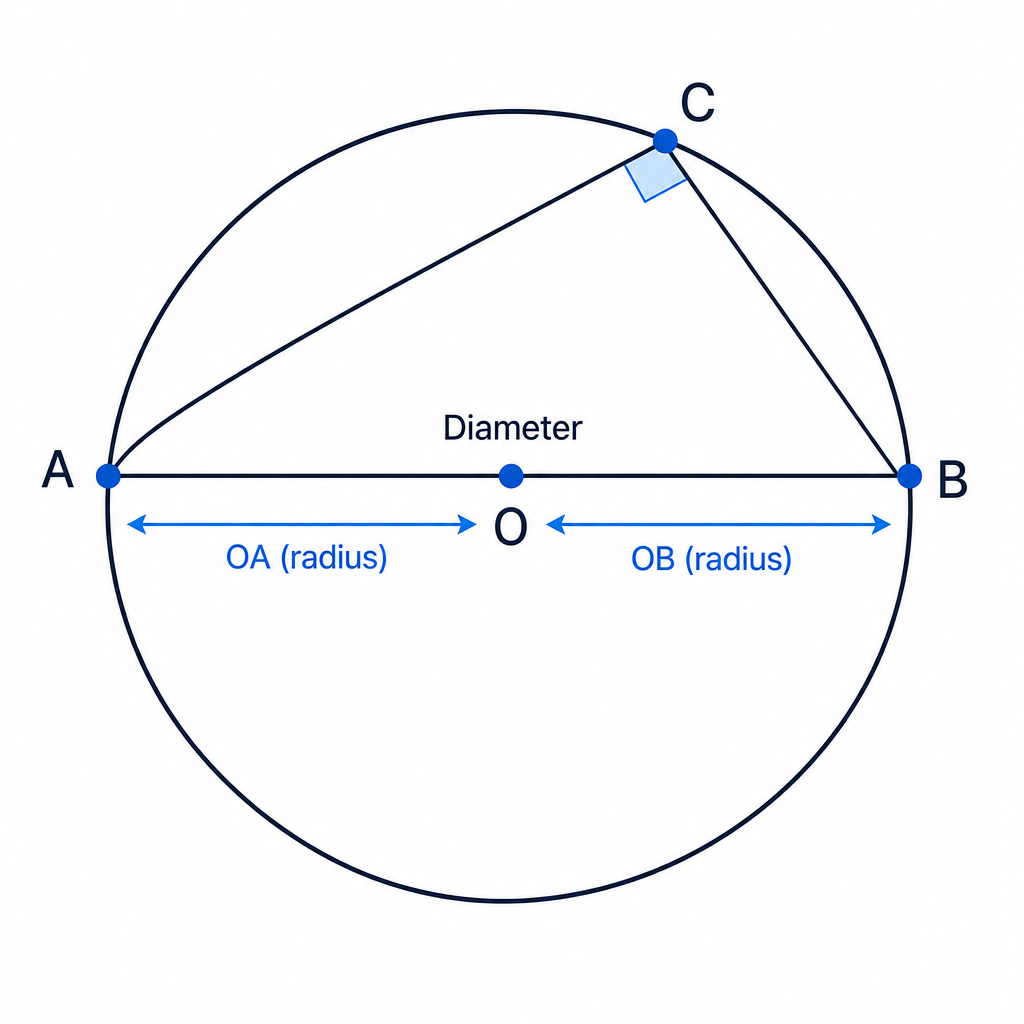A right angle subtended by a diameter shows that the hypotenuse of the triangle is the circle’s diameter.