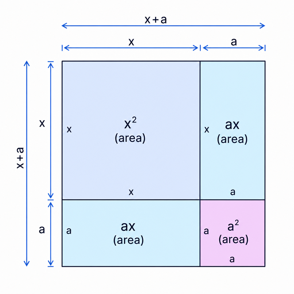 An area model showing why <span class="katex"><span class="katex-mathml"><math xmlns="http://www.w3.org/1998/Math/MathML"><semantics><mrow><mo stretchy="false">(</mo><mi>x</mi><mo>+</mo><mi>a</mi><msup><mo stretchy="false">)</mo><mn>2</mn></msup><mo>=</mo><msup><mi>x</mi><mn>2</mn></msup><mo>+</mo><mn>2</mn><mi>a</mi><mi>x</mi><mo>+</mo><msup><mi>a</mi><mn>2</mn></msup></mrow><annotation encoding="application/x-tex">(x+a)^2=x^2+2ax+a^2</annotation></semantics></math></span><span class="katex-html" aria-hidden="true"><span class="base"><span class="strut" style="height:1em;vertical-align:-0.25em;"></span><span class="mopen">(</span><span class="mord mathnormal">x</span><span class="mspace" style="margin-right:0.2222em;"></span><span class="mbin">+</span><span class="mspace" style="margin-right:0.2222em;"></span></span><span class="base"><span class="strut" style="height:1.0641em;vertical-align:-0.25em;"></span><span class="mord mathnormal">a</span><span class="mclose"><span class="mclose">)</span><span class="msupsub"><span class="vlist-t"><span class="vlist-r"><span class="vlist" style="height:0.8141em;"><span style="top:-3.063em;margin-right:0.05em;"><span class="pstrut" style="height:2.7em;"></span><span class="sizing reset-size6 size3 mtight"><span class="mord mtight">2</span></span></span></span></span></span></span></span><span class="mspace" style="margin-right:0.2778em;"></span><span class="mrel">=</span><span class="mspace" style="margin-right:0.2778em;"></span></span><span class="base"><span class="strut" style="height:0.8974em;vertical-align:-0.0833em;"></span><span class="mord"><span class="mord mathnormal">x</span><span class="msupsub"><span class="vlist-t"><span class="vlist-r"><span class="vlist" style="height:0.8141em;"><span style="top:-3.063em;margin-right:0.05em;"><span class="pstrut" style="height:2.7em;"></span><span class="sizing reset-size6 size3 mtight"><span class="mord mtight">2</span></span></span></span></span></span></span></span><span class="mspace" style="margin-right:0.2222em;"></span><span class="mbin">+</span><span class="mspace" style="margin-right:0.2222em;"></span></span><span class="base"><span class="strut" style="height:0.7278em;vertical-align:-0.0833em;"></span><span class="mord">2</span><span class="mord mathnormal">a</span><span class="mord mathnormal">x</span><span class="mspace" style="margin-right:0.2222em;"></span><span class="mbin">+</span><span class="mspace" style="margin-right:0.2222em;"></span></span><span class="base"><span class="strut" style="height:0.8141em;"></span><span class="mord"><span class="mord mathnormal">a</span><span class="msupsub"><span class="vlist-t"><span class="vlist-r"><span class="vlist" style="height:0.8141em;"><span style="top:-3.063em;margin-right:0.05em;"><span class="pstrut" style="height:2.7em;"></span><span class="sizing reset-size6 size3 mtight"><span class="mord mtight">2</span></span></span></span></span></span></span></span></span></span></span>.