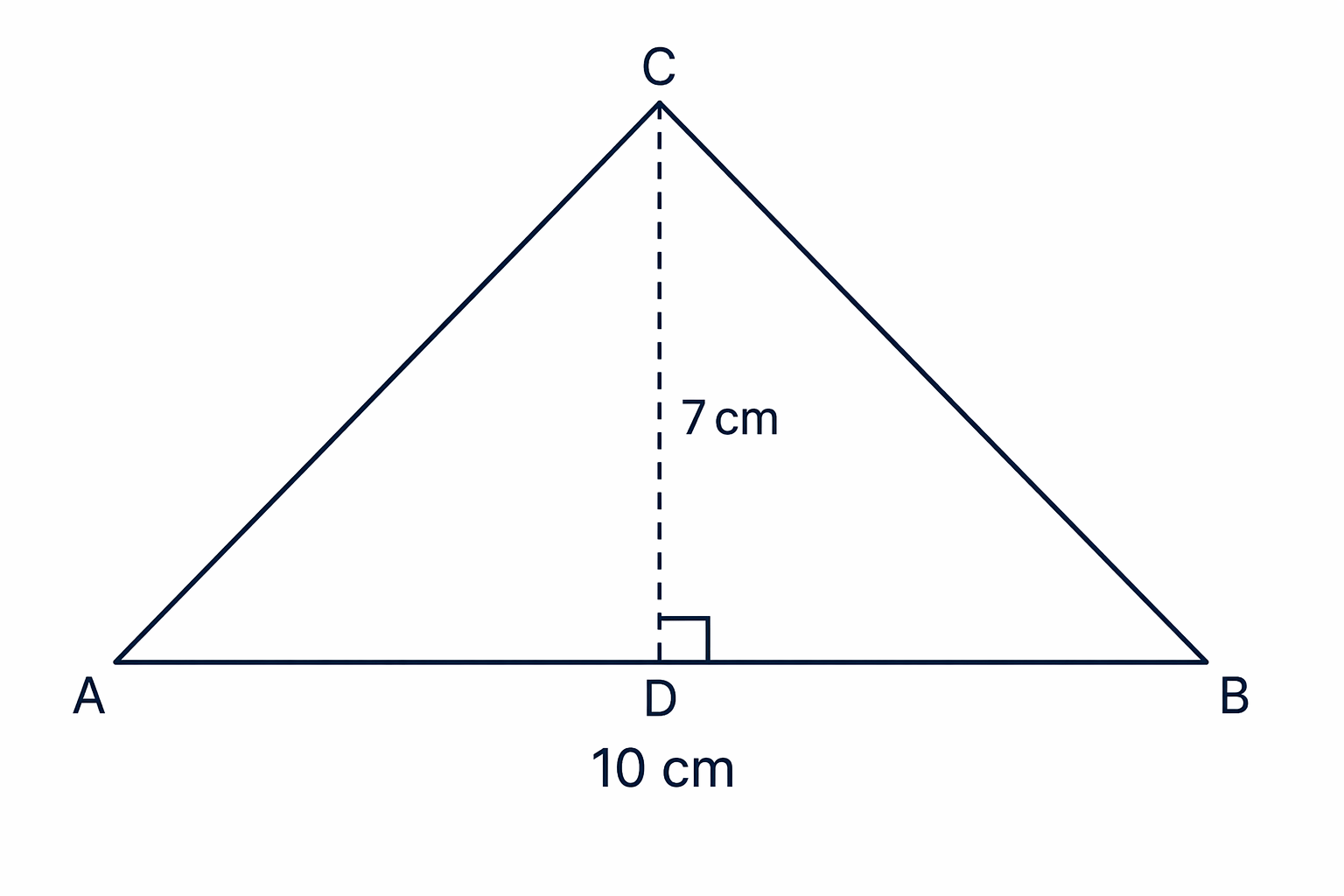 Triangle with base 10 cm and perpendicular height 7 cm for using A = 1/2 × base × height.