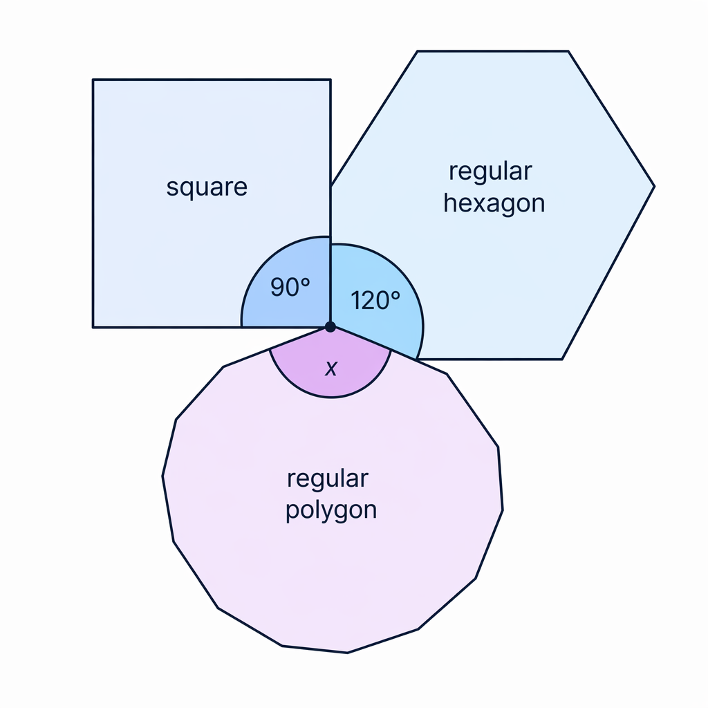 A square, regular hexagon and unknown regular polygon meeting at one point with their interior angles around the point.