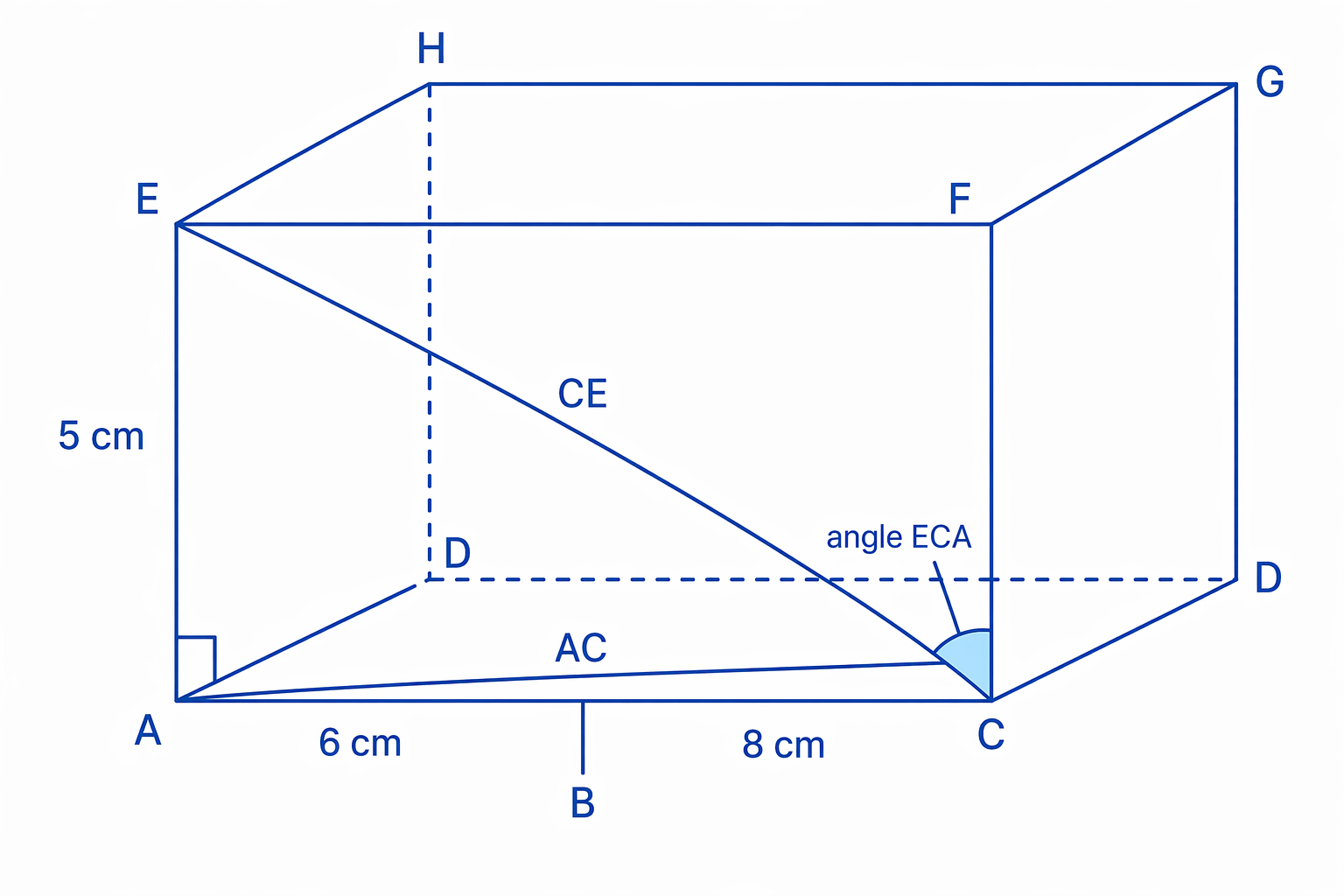 The cuboid contains triangle EAC, where angle ECA is measured between the space diagonal CE and the base diagonal CA.