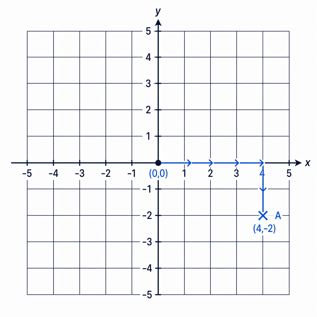 Point A is 4 squares right of the origin and 2 squares below the x-axis, so it is at (4,-2).