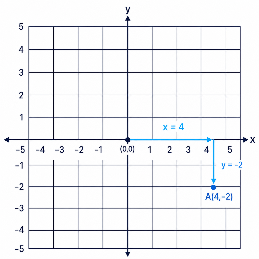 Point A is 4 squares right of the origin and 2 squares below the x-axis, so its coordinates are (4,-2).