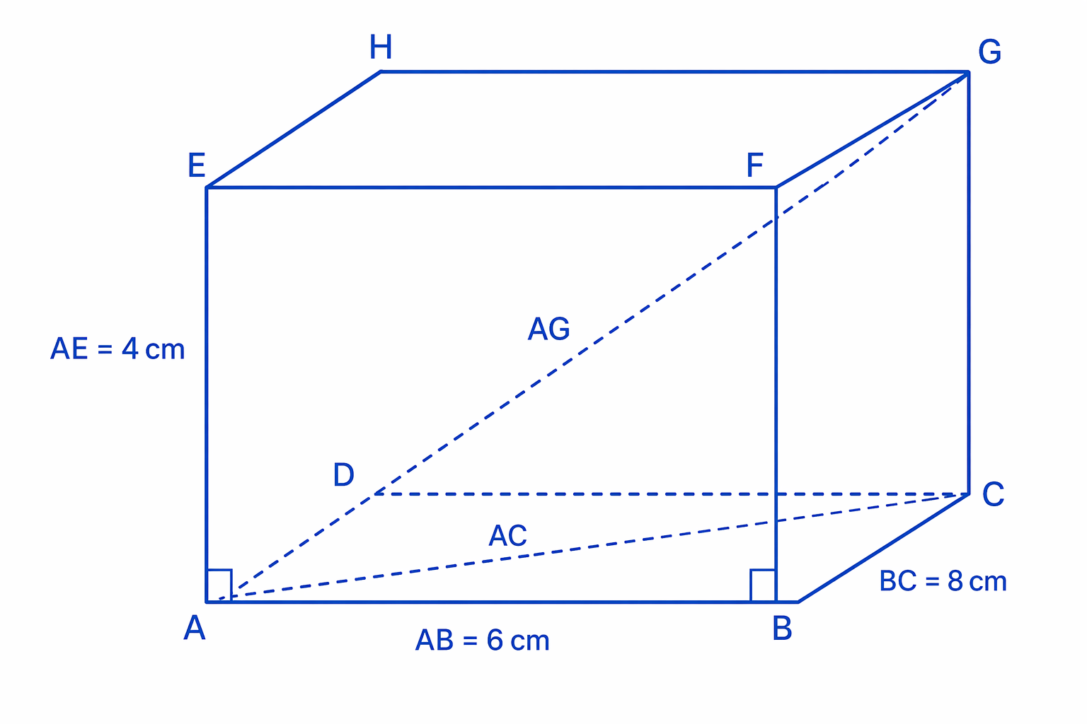 A cuboid showing the base diagonal AC and the space diagonal AG found using Pythagoras twice.