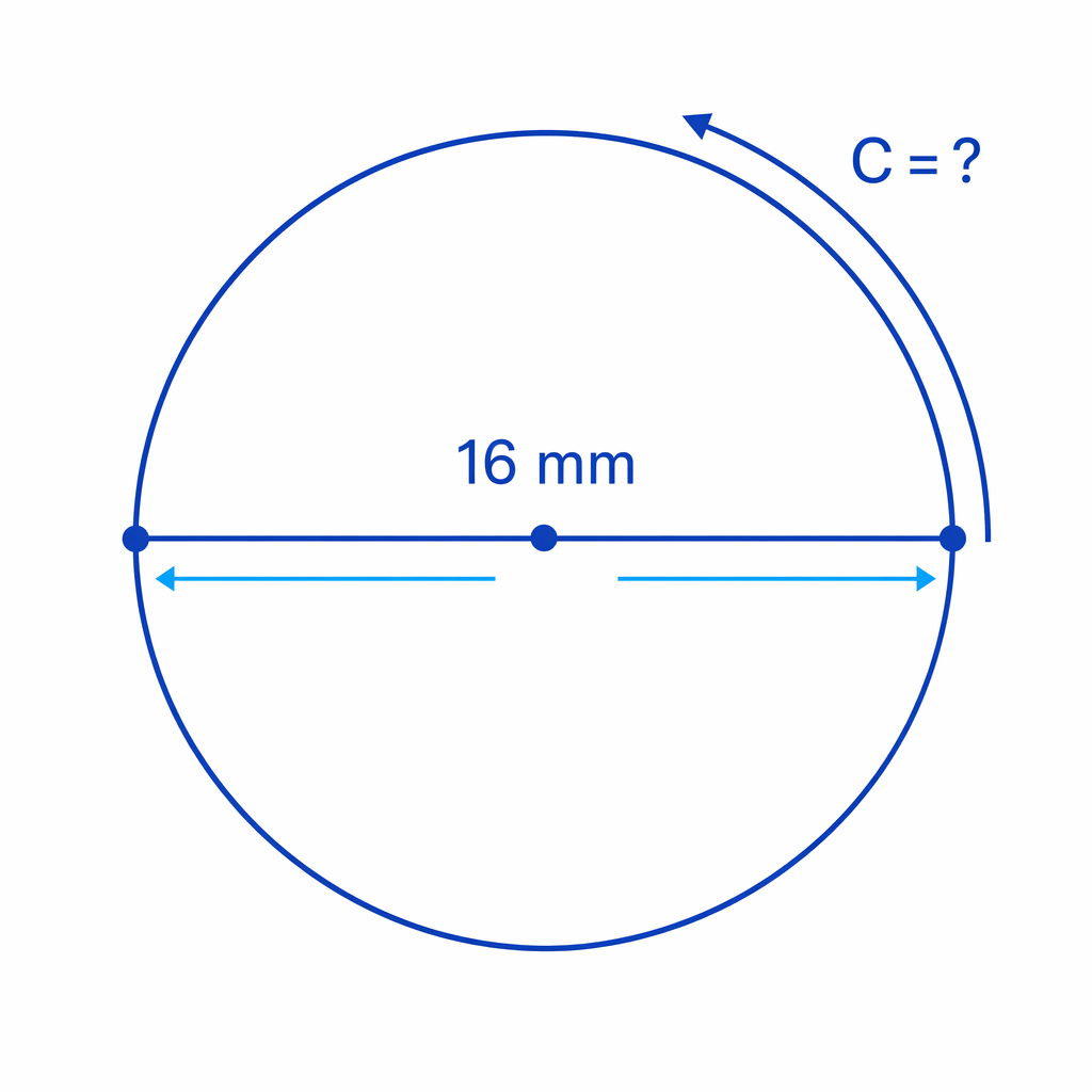 Circle with diameter 16 mm for a circumference answer left in terms of pi.