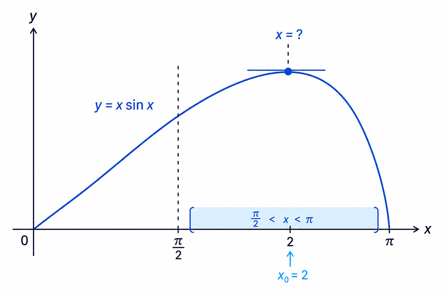 The curve y=x sin x has a maximum between π/2 and π where the tangent is horizontal.