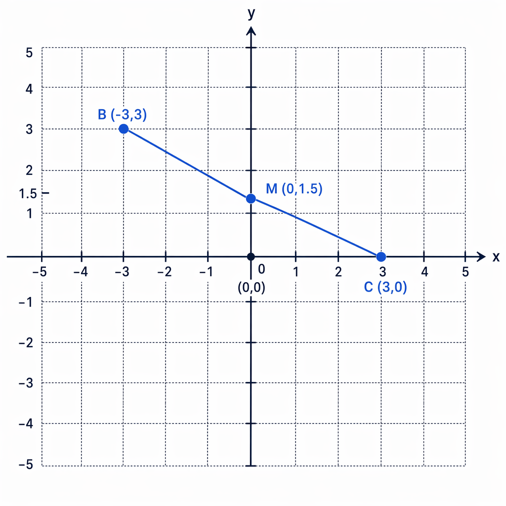 The midpoint of B(-3,3) and C(3,0) lies halfway along the line segment between them at (0,1.5).