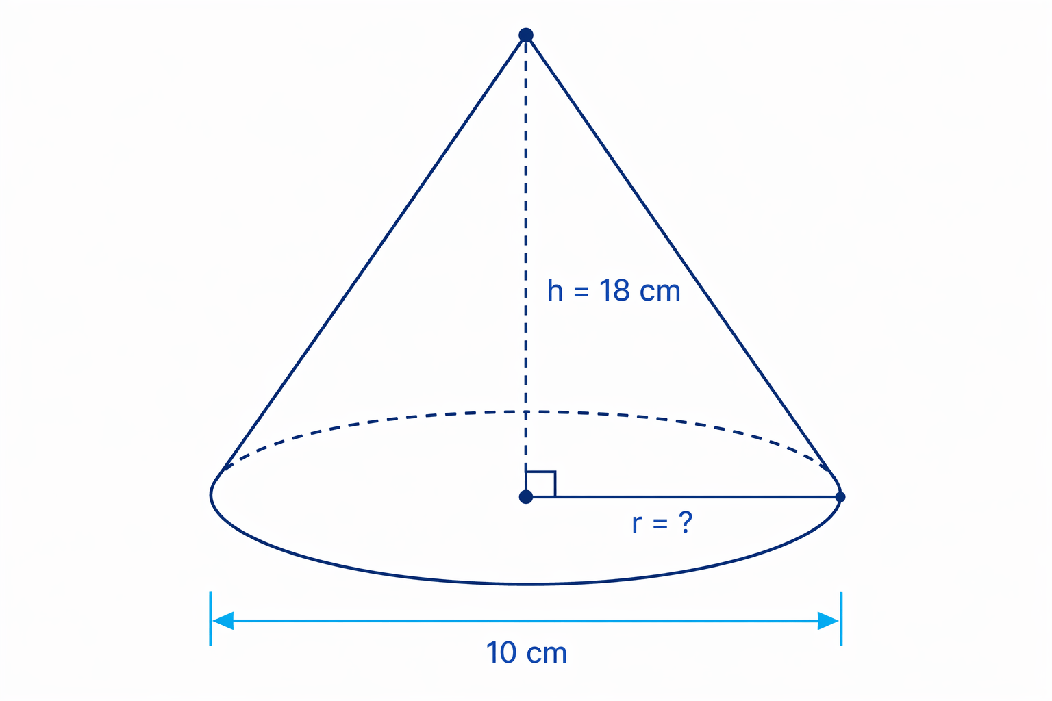 For cone volume, use the vertical height and the radius found from the diameter.