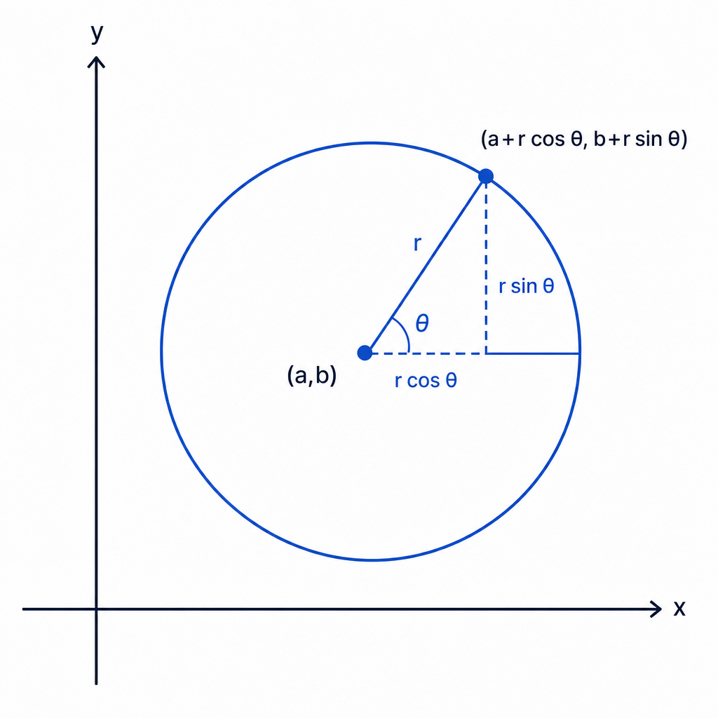 The standard parametric circle has centre (a,b) and radius r, with a point generated by angle θ.