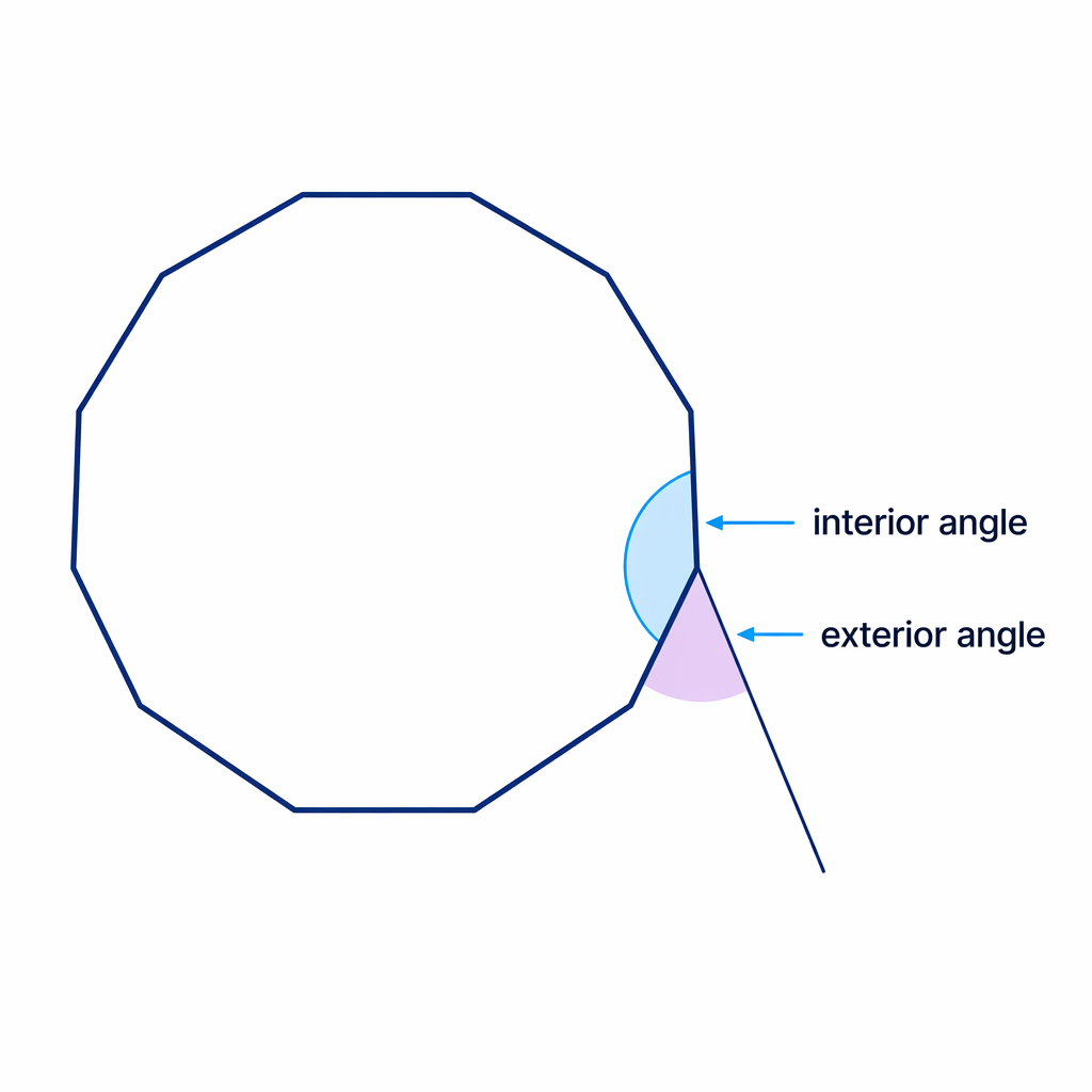 A regular 12-sided polygon corner showing the interior angle and exterior angle as a straight line pair.