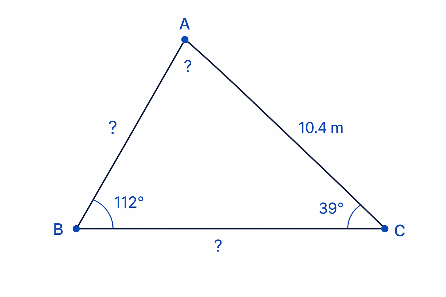 Triangle ABC for a perimeter problem, with one side known and the other two sides to be found using the sine rule.