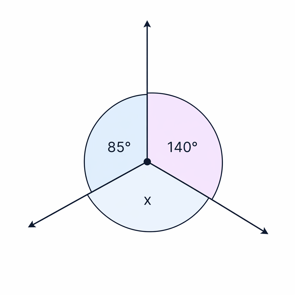 Three angles around a point, with the missing angle labelled x.
