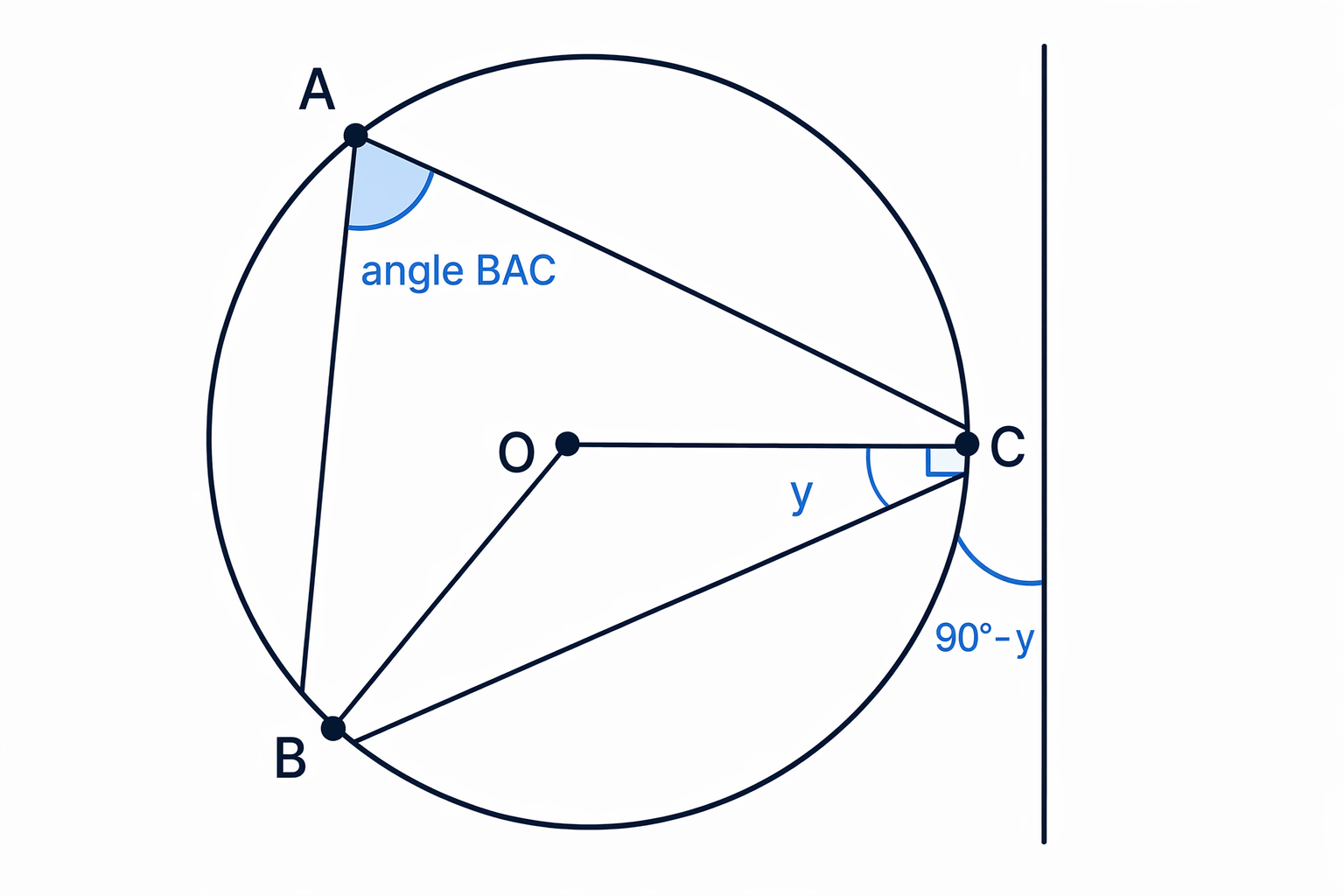The radius to the point of contact is perpendicular to the tangent, and the tangent-chord angle matches the angle in the opposite segment.