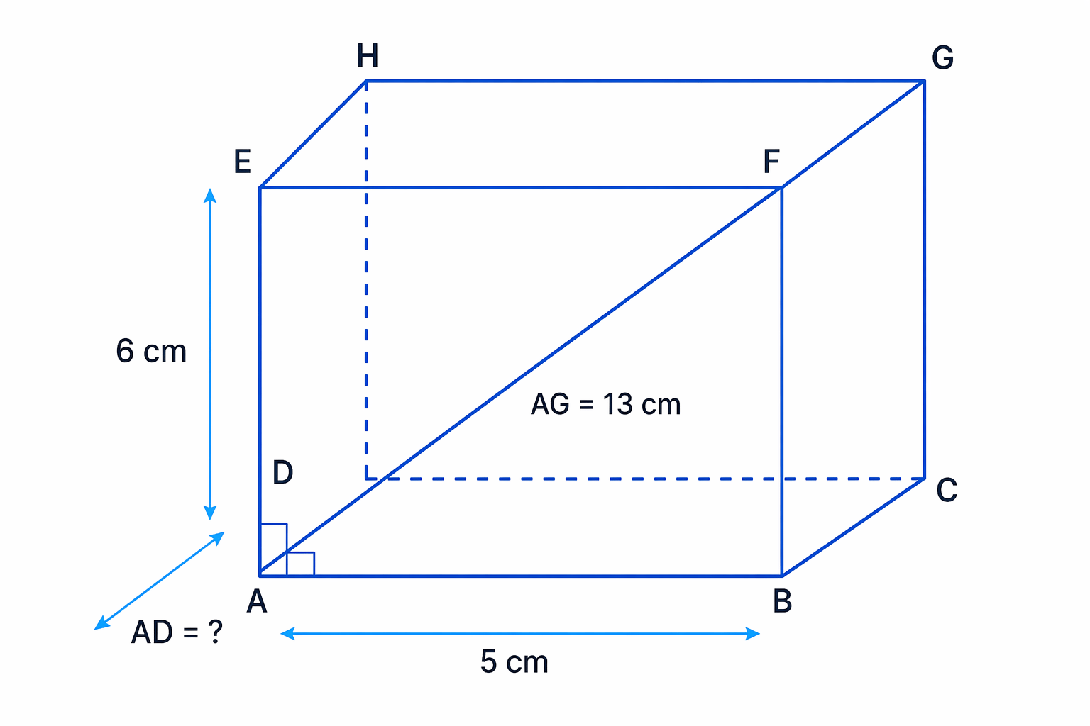 A cuboid with two known perpendicular edges and the space diagonal, leaving AD as the missing edge.