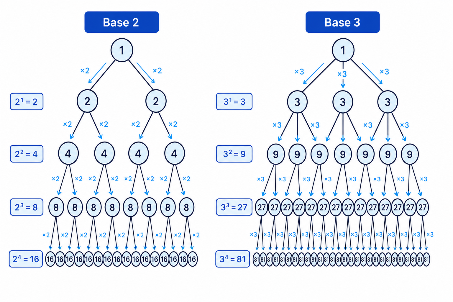 Common bases reveal how numbers like 4, 8, 9 and 27 are related as powers of 2 or 3.