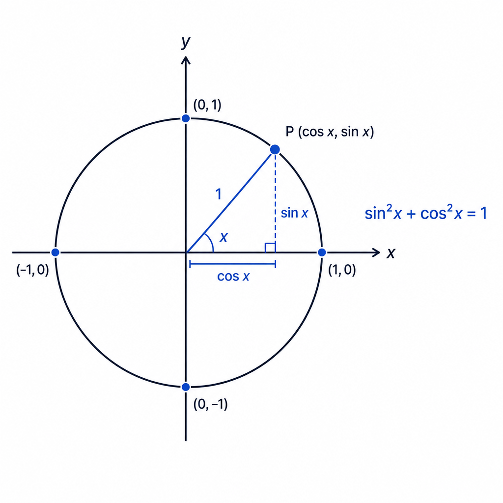 The Pythagorean identity comes directly from the unit circle coordinates cos x and sin x.