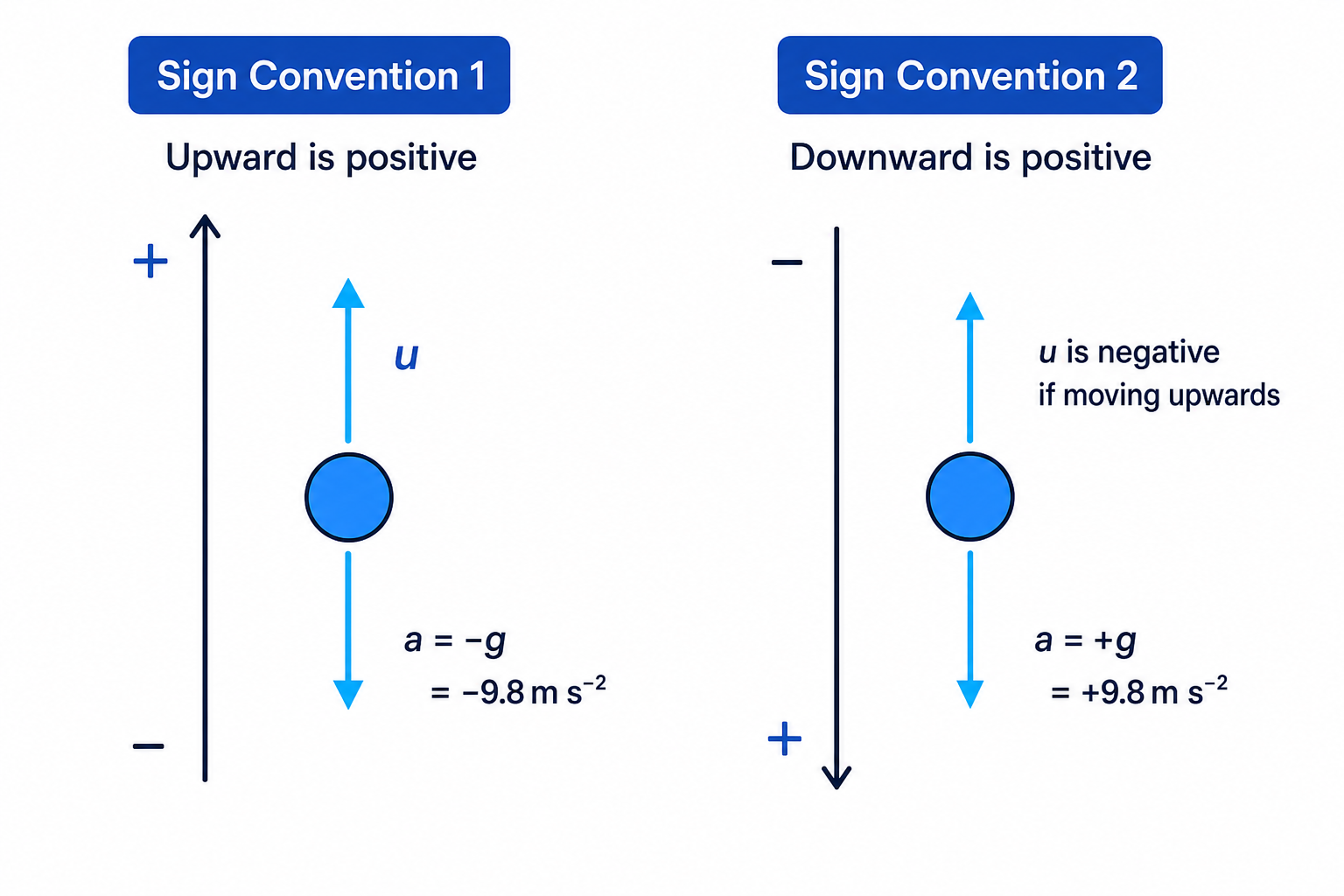 Two equivalent sign conventions for vertical motion show why gravity is negative when up is positive and positive when down is positive.