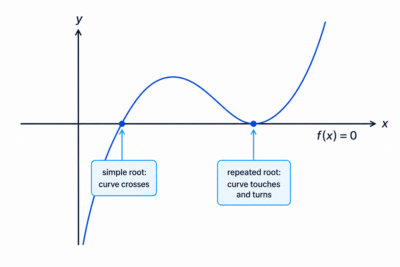 A cubic graph illustrating the difference between a simple root that crosses the x-axis and a repeated root that touches and turns.