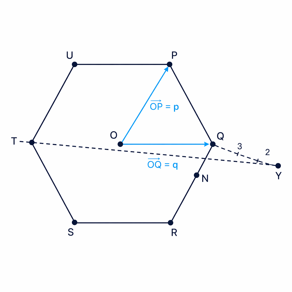 Regular hexagon PQRSTU with N as the midpoint of QR and Y on the extension of PQ for the collinearity proof.