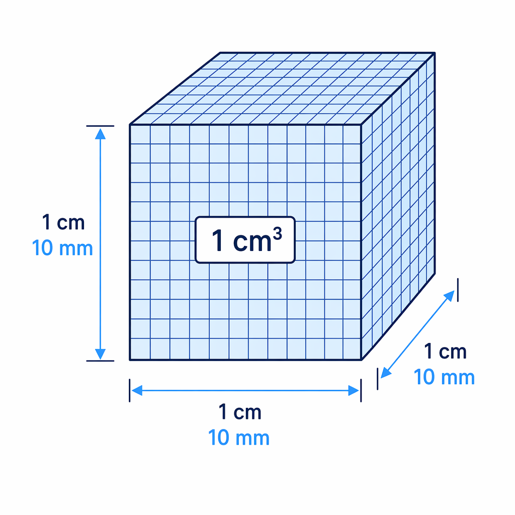 One cubic centimetre has side length 1 cm, which is 10 mm in each of the three dimensions.