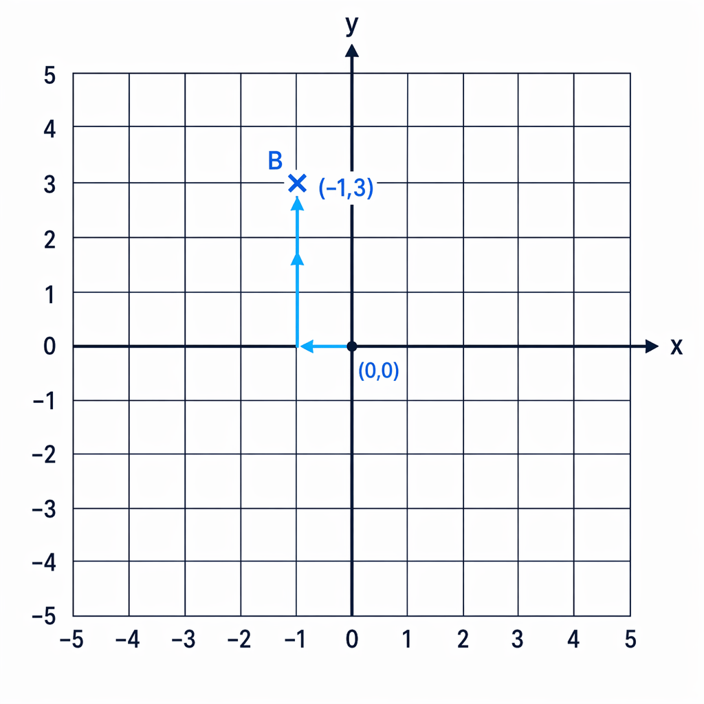 To plot B(-1,3), move 1 square left from the origin and then 3 squares up.