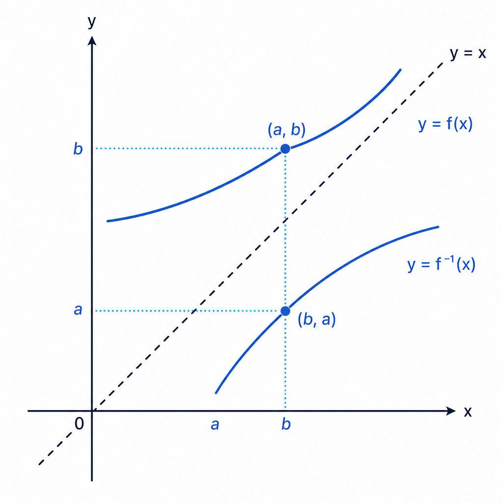 A function and its inverse are mirror images in the line y = x, with coordinates swapped.