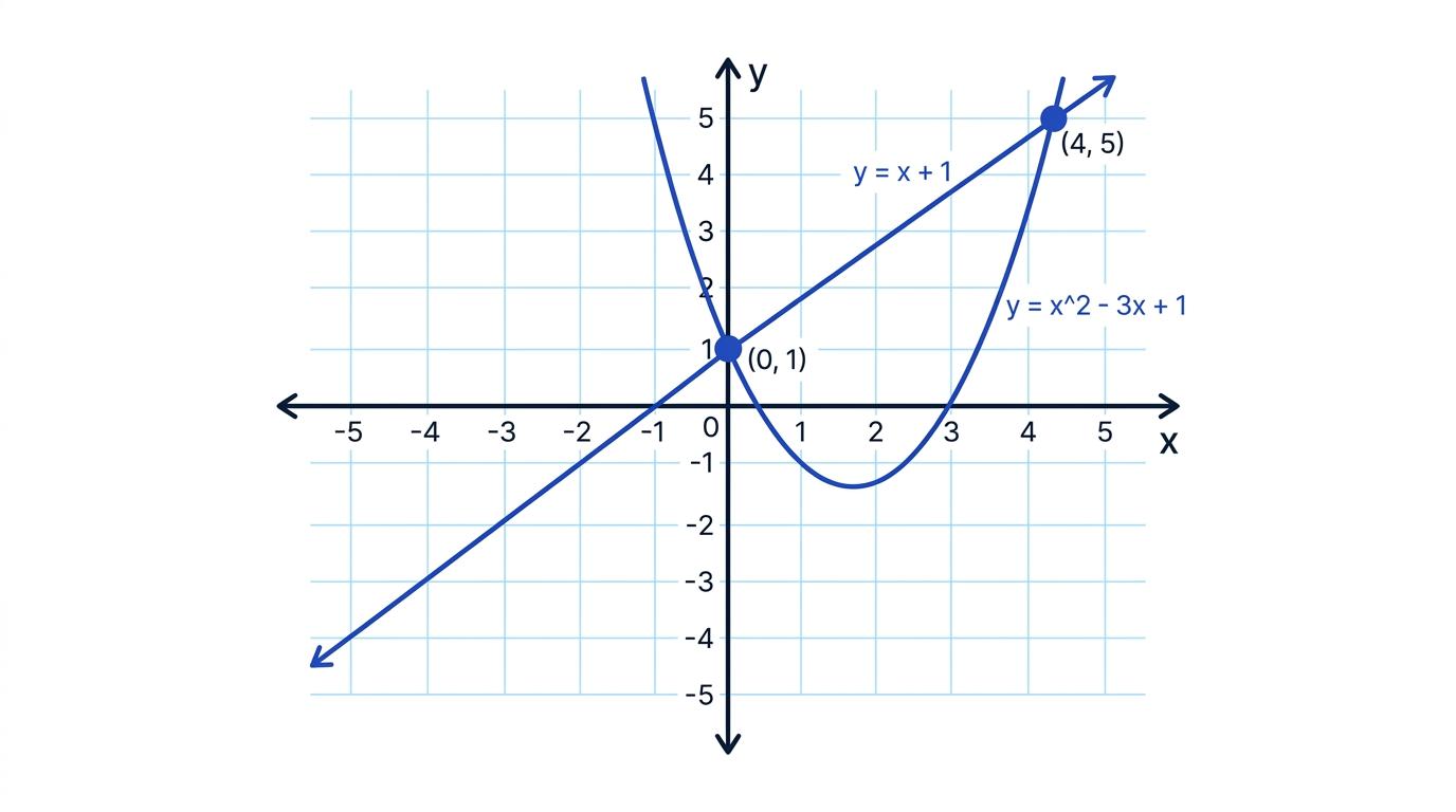 Graph of the line y equals x plus 1 and the parabola y equals x squared minus 3x plus 1, intersecting at 0 comma 1 and 4 comma 5
